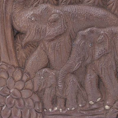 Alternate image for Hand Made Teak Wood Elephant Relief Panel Joyful Family