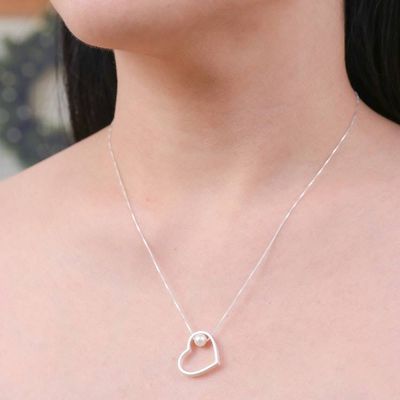 Alternate image for Minimalist Heart-Themed Silver and Cultured Pearl Necklace Secrets of the Heart