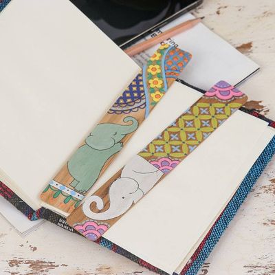 Primary image for Whimsical Elephant-Themed 2-Piece Painted Wood Bookmark Set Reading Trunks