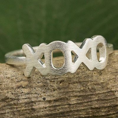 Alternate image for Thai Artisan Crafted Band Ring in Brushed Sterling Silver Hugs and Kisses