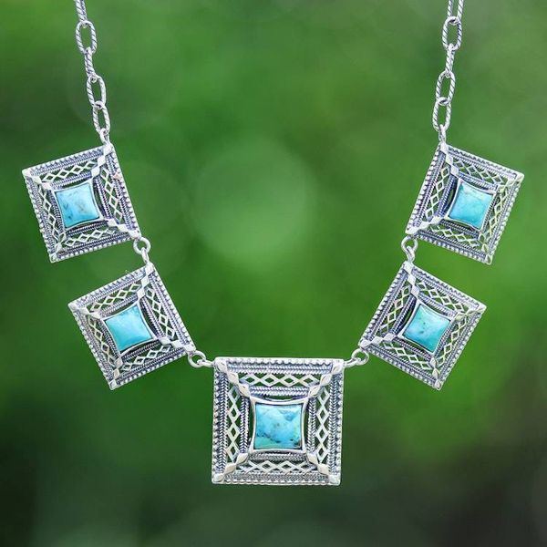 Alternate image for Reconstituted Turquoise Link Necklace with Square Pendants Serene Majesty