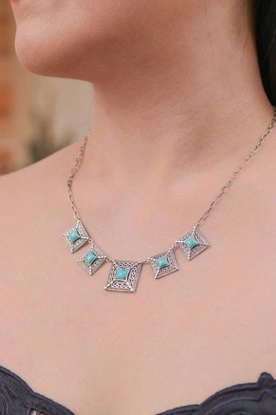 Alternate image for Reconstituted Turquoise Link Necklace with Square Pendants Serene Majesty