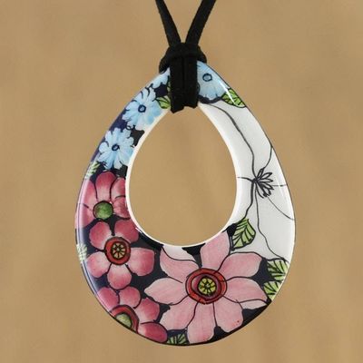 Alternate image for Adjustable Floral Bloom Teardrop Ceramic Pendant Necklace Lovely Day