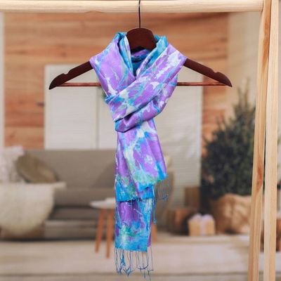 Alternate image for Handcrafted Tie-Dyed Abstract Patterned 100 Silk Scarf Charmed Sea