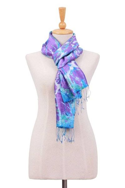 Alternate image for Handcrafted Tie-Dyed Abstract Patterned 100 Silk Scarf Charmed Sea