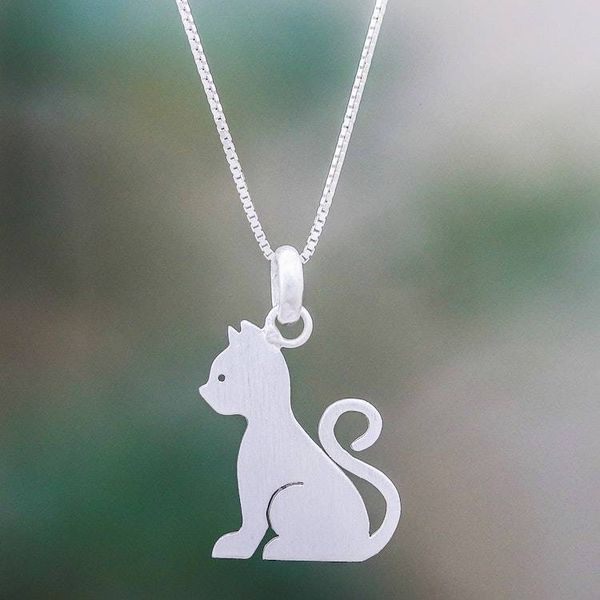 Alternate image for Brushed Sterling Silver Cat Pendant Necklace Waiting for Love