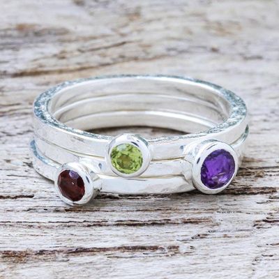 Primary image for Handcrafted Amethyst and Garnet Stacking Rings Set of 3 Spring Color