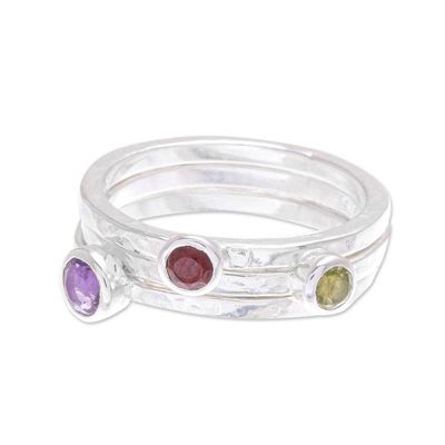 Alternate image for Handcrafted Amethyst and Garnet Stacking Rings Set of 3 Spring Color