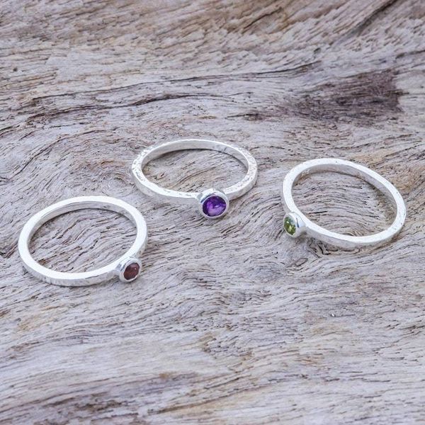 Alternate image for Handcrafted Amethyst and Garnet Stacking Rings Set of 3 Spring Color