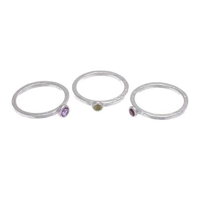 Alternate image for Handcrafted Amethyst and Garnet Stacking Rings Set of 3 Spring Color