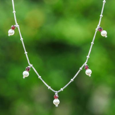 Primary image for 2-Carat Garnet Cultured Pearl Silver Charm Station Necklace Fiery Luster