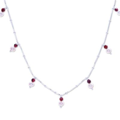 Alternate image for 2-Carat Garnet Cultured Pearl Silver Charm Station Necklace Fiery Luster