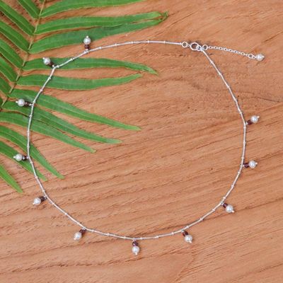 Alternate image for 2-Carat Garnet Cultured Pearl Silver Charm Station Necklace Fiery Luster