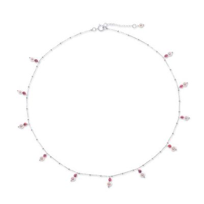 Alternate image for 2-Carat Garnet Cultured Pearl Silver Charm Station Necklace Fiery Luster