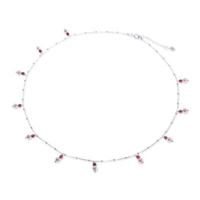 Alternate image for 2-Carat Garnet Cultured Pearl Silver Charm Station Necklace Fiery Luster