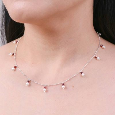 Alternate image for 2-Carat Garnet Cultured Pearl Silver Charm Station Necklace Fiery Luster