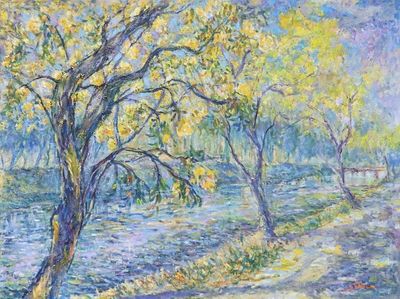 Primary image for Signed Nature-Themed Impressionist Oil on Canvas Painting Flowers of the Old Town