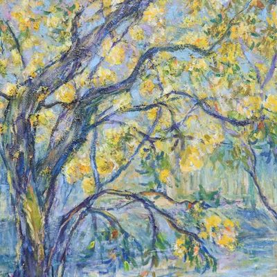 Alternate image for Signed Nature-Themed Impressionist Oil on Canvas Painting Flowers of the Old Town