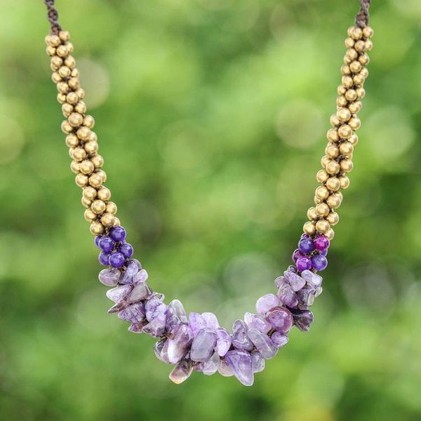 Alternate image for Artisan Crafted Brass Beaded Amethyst Necklace Lilac Orchids