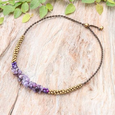Alternate image for Artisan Crafted Brass Beaded Amethyst Necklace Lilac Orchids