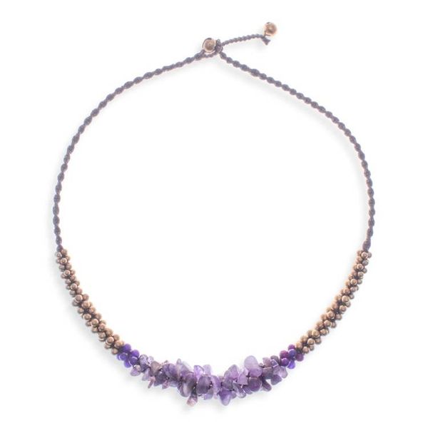 Alternate image for Artisan Crafted Brass Beaded Amethyst Necklace Lilac Orchids