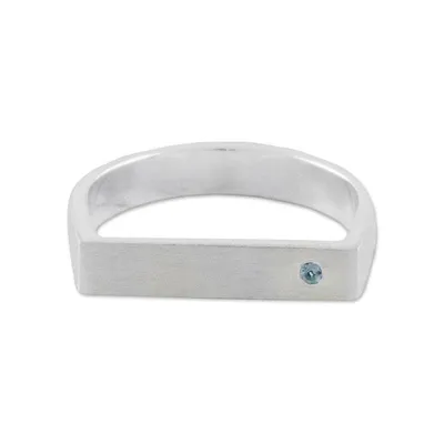 Alternate image for Minimalist Silver Band Ring with Blue Topaz Accent Discreetly Blue