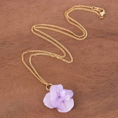Alternate image for Gold-Plated Purple Hydrangea Petal Pendant Necklace Wild Hydrangea in Purple