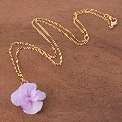 Alternate image for Gold-Plated Purple Hydrangea Petal Pendant Necklace Wild Hydrangea in Purple