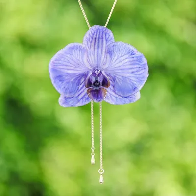 Primary image for Gold-Accented Resin-Coated Natural Orchid Lariat Necklace Purple Whisper