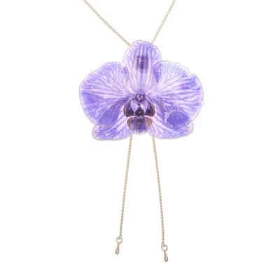 Alternate image for Gold-Accented Resin-Coated Natural Orchid Lariat Necklace Purple Whisper