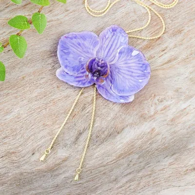 Alternate image for Gold-Accented Resin-Coated Natural Orchid Lariat Necklace Purple Whisper