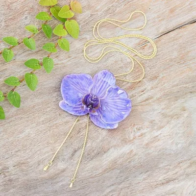 Alternate image for Gold-Accented Resin-Coated Natural Orchid Lariat Necklace Purple Whisper