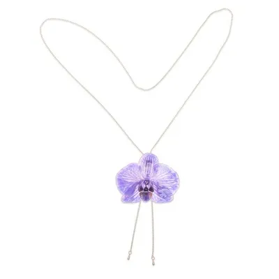Alternate image for Gold-Accented Resin-Coated Natural Orchid Lariat Necklace Purple Whisper