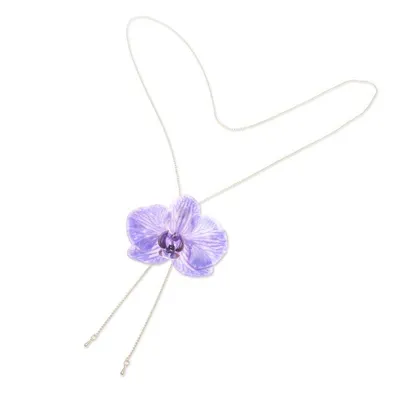 Alternate image for Gold-Accented Resin-Coated Natural Orchid Lariat Necklace Purple Whisper