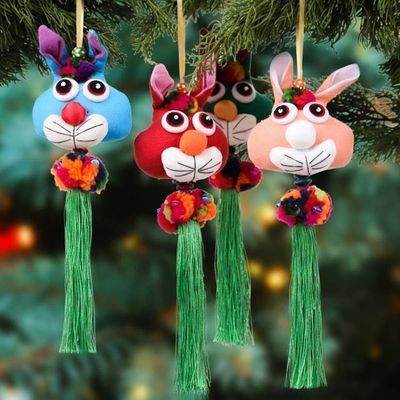 Alternate image for 4 Bunny-Themed Cotton Ornaments with Pom-Poms and Tassels Holiday Bunnies