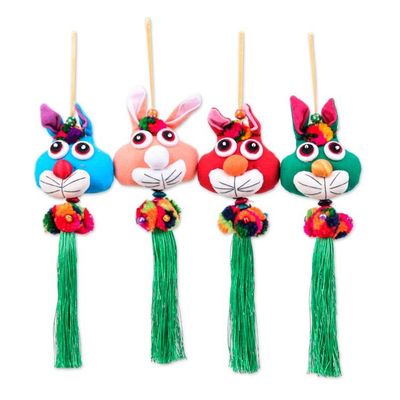 Alternate image for 4 Bunny-Themed Cotton Ornaments with Pom-Poms and Tassels Holiday Bunnies