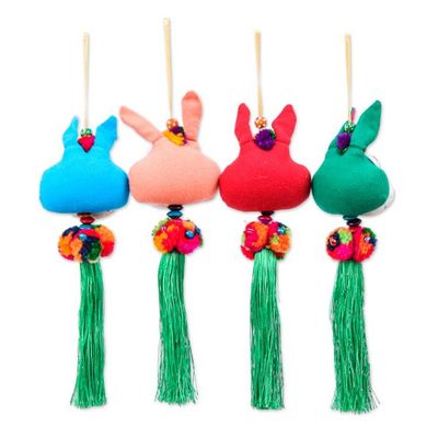 Alternate image for 4 Bunny-Themed Cotton Ornaments with Pom-Poms and Tassels Holiday Bunnies