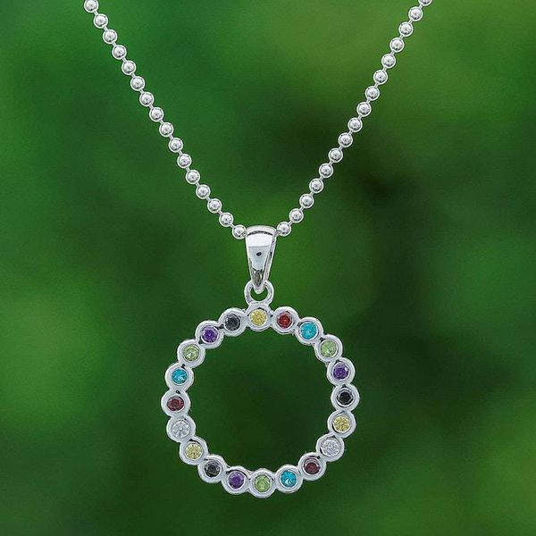 Alternate image for Multi-Gemstone Sterling Silver Circle Pendant Necklace Rainbow Ring