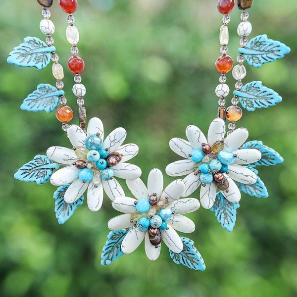 Alternate image for Fantasy-Themed Floral and Leafy Multi-Gemstone Necklace Winter Chrysanthemum