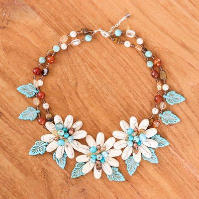 Alternate image for Fantasy-Themed Floral and Leafy Multi-Gemstone Necklace Winter Chrysanthemum