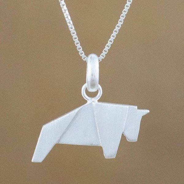 Alternate image for Bull Necklace Hand Crafted in Brushed Sterling Silver Origami Bull