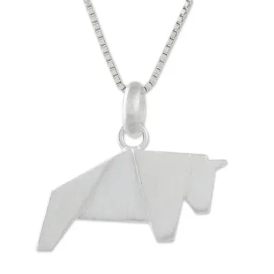 Alternate image for Bull Necklace Hand Crafted in Brushed Sterling Silver Origami Bull