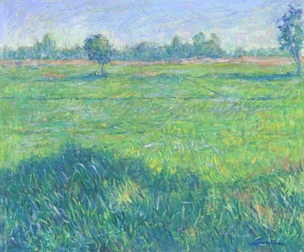 Alternate image for Signed Impressionist Green Rice Field Oil on Canvas Painting Rain-Kissed Rice Fields