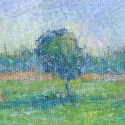Alternate image for Signed Impressionist Green Rice Field Oil on Canvas Painting Rain-Kissed Rice Fields