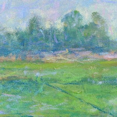Alternate image for Signed Impressionist Green Rice Field Oil on Canvas Painting Rain-Kissed Rice Fields