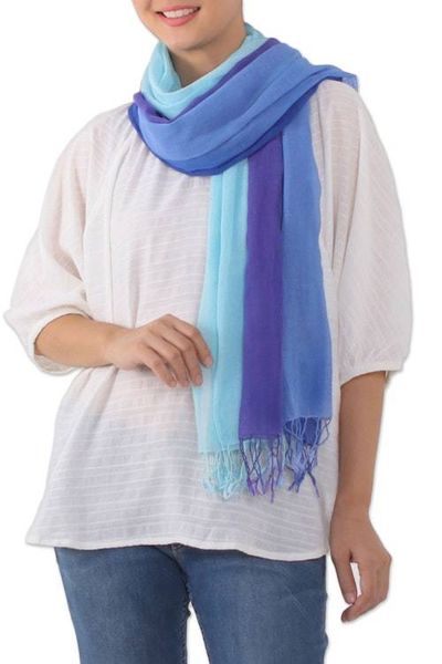 Primary image for Striped Cotton Wrap Scarves in Blue from Thailand Pair Seaside Breeze