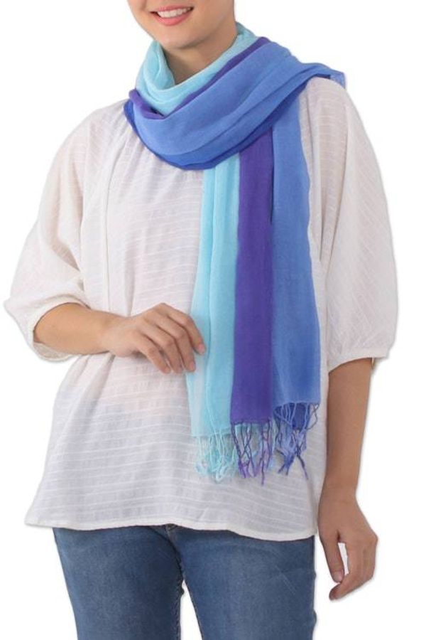 Alternate image for Striped Cotton Wrap Scarves in Blue from Thailand Pair Seaside Breeze