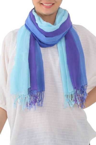 Alternate image for Striped Cotton Wrap Scarves in Blue from Thailand Pair Seaside Breeze