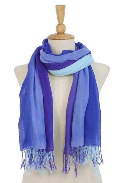 Alternate image for Striped Cotton Wrap Scarves in Blue from Thailand Pair Seaside Breeze