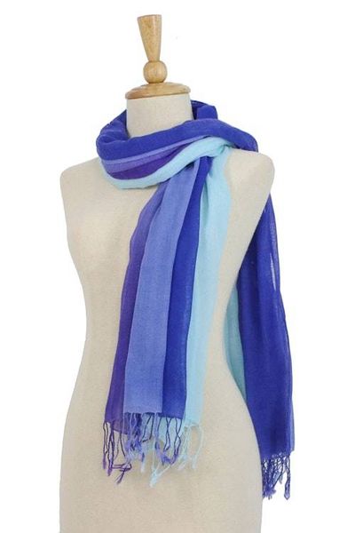 Alternate image for Striped Cotton Wrap Scarves in Blue from Thailand Pair Seaside Breeze